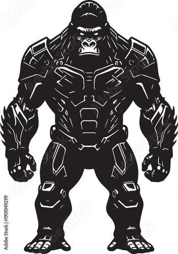 Powerful armored gorilla silhouette standing tall, a fierce cybernetic primate warrior illustration