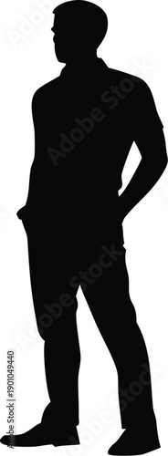 Silhouette of a man standing with hands in pockets against a white background
