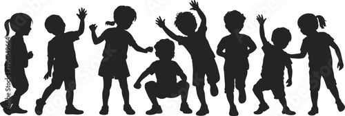 Children playing silhouette illustration, happy kids group activity, joyful childhood movement poses, playful teamwork concept, vector style, isolated white background