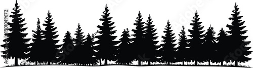 Black pine forest silhouette illustration, evergreen trees landscape border, minimalist nature background, woodland horizon design, vector style, isolated on white