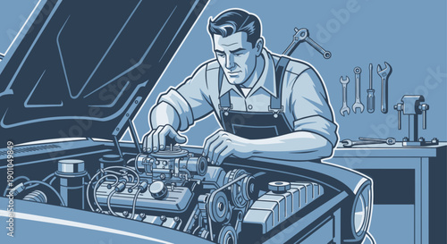 Retro illustration of a mechanic working on a classic car engine. Perfect for automotive, repair, service or vintage themes. Monochromatic illustration style.