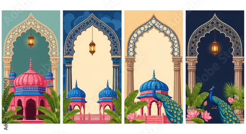 Ornate Eastern architecture with elegant arches, majestic domes, and peacocks. Decorative panels for cultural backdrops