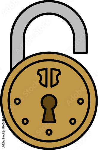 Open vintage padlock with silver shackle and gold body featuring keyhole and rivets icon