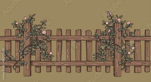 Illustration of a cartoon-style wooden fence with climbing pink roses. Could be used for backgrounds, nature-themed projects, or designs needing a cute garden vibe.