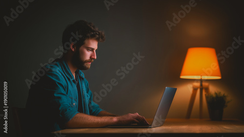 Young man working on laptop at night with warm lamp light, focused on freelance project in cozy dark office, remote work, digital nomad, searching the information, working online at home office.