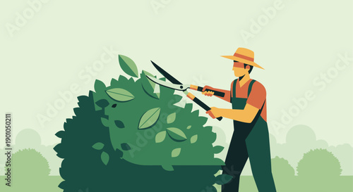 Stylized illustration of a gardener trimming a green bush. The image is perfect for gardening blogs, landscaping services, and home improvement ads.