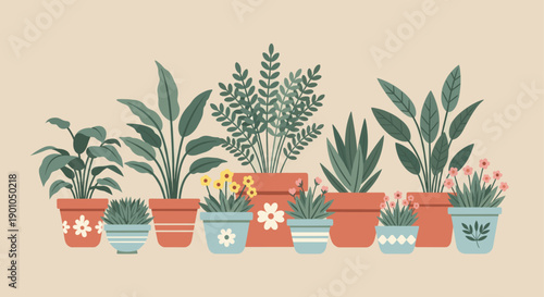 Illustration of potted plants, flowers, and herbs in decorative pots. Ideal for home decor, gardening blogs, or website design elements.