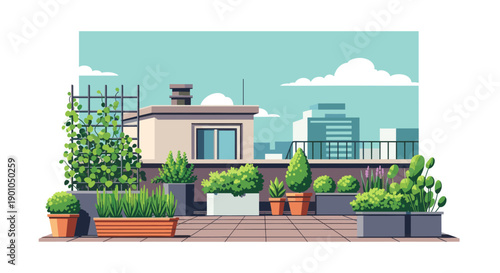 Illustration of a peaceful rooftop garden with potted plants and cityscape backdrop. Ideal for illustrating urban gardening, sustainability, and modern living concepts.