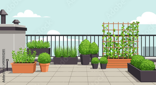 Vector illustration of a rooftop garden with assorted potted plants, clear blue sky. Ideal for urban gardening, outdoor living, landscaping, environmental themes.