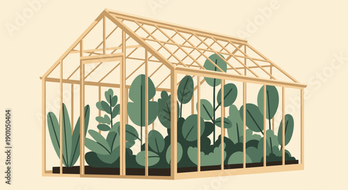 A cute illustration of a greenhouse filled with green plants on a beige background. Ideal for gardening, agriculture, or eco-friendly lifestyle content.