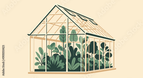 Illustration of a greenhouse filled with various green plants. Flat design, suitable for ecological themes, botanical content, nature-inspired projects, or minimalist graphic needs.