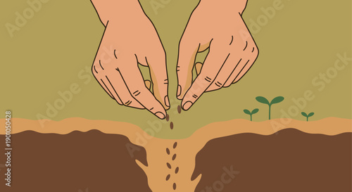Illustration of hands planting seeds in soil, with small sprouts nearby. Ideal for concepts related to agriculture, growth, sustainability, and eco-friendly initiatives.