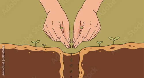 Cartoon illustration of hands carefully planting seeds in soil. Agriculture concept, growth process, springtime gardening, sustainable farming. Ideal for educational or ecological content.