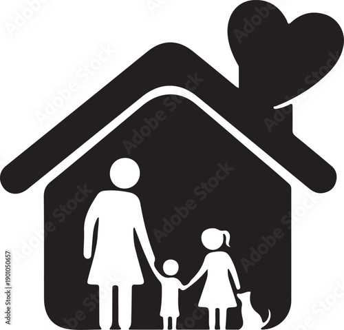 A heartwarming illustration of a family standing in front of a house with a heart shaped roof.