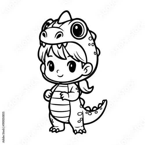Dibujo con líneas de una niña disfrazada de bebé dinosaurio o dragón simpático de pie de perfil 