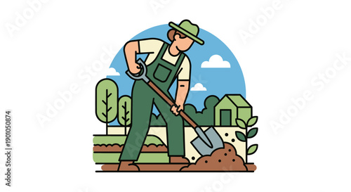 Vector illustration of a gardener digging in the yard. The image is clean and simple. Great for illustrating gardening, agriculture, outdoors, and healthy lifestyle content.