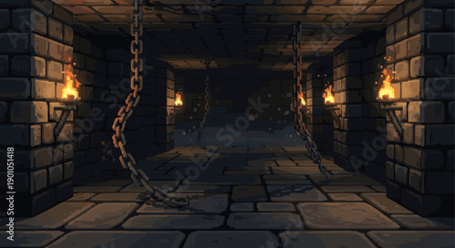 A pixelated dungeon corridor with stone walls, torchlight, and hanging chains. Ideal for video game design, fantasy illustrations, and pixel art projects.