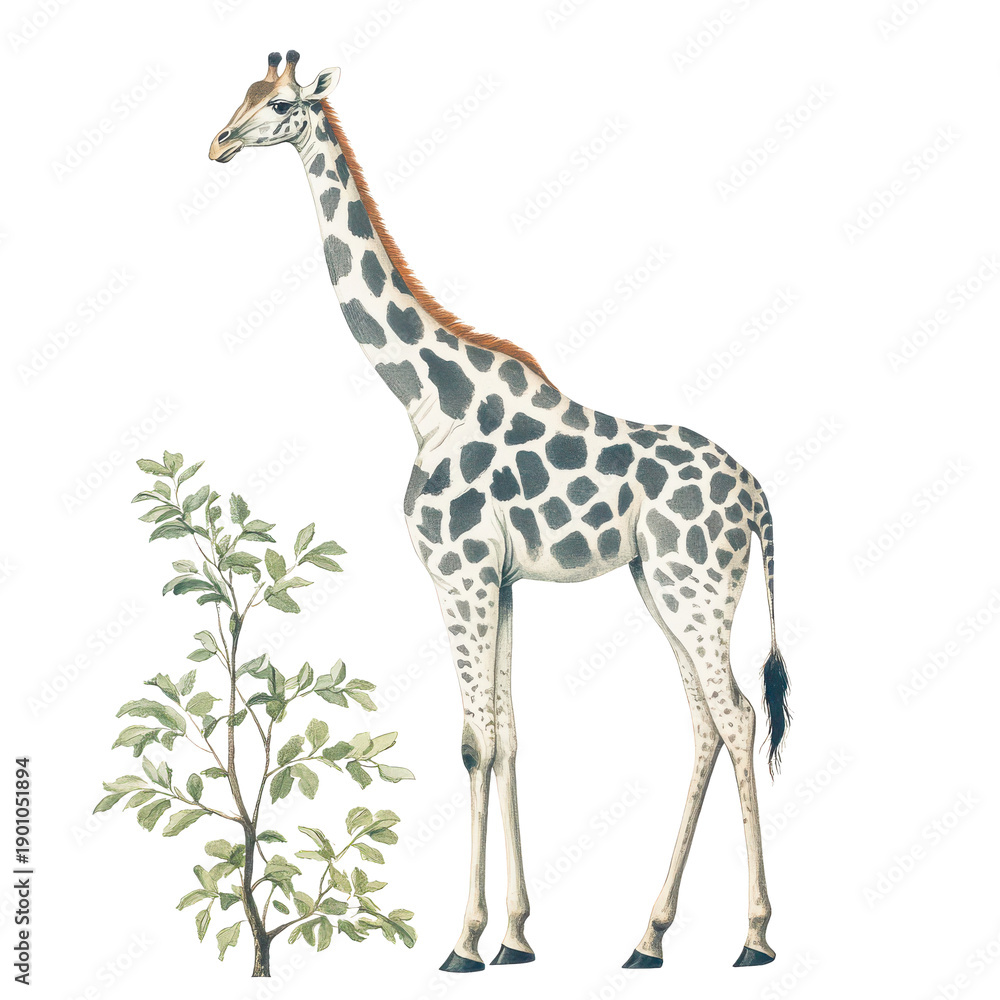 Obraz premium Graceful Giraffe Eating Green Acacia Leaves isolated on a transparent background