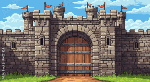 Pixel art depiction of a castle entrance with a wooden gate, stone walls, towers, and red flags under a blue sky. Ideal for games, fantasy, or history content.