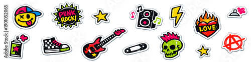 Collection of vibrant punk rock stickers and patches with skulls, guitars, anarchy symbols, and music elements on transparent background.
