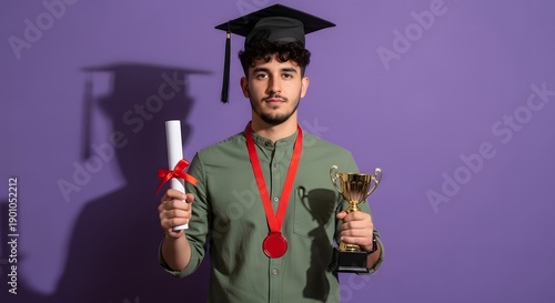Young man proudly holding a graduation cap diploma and trophy