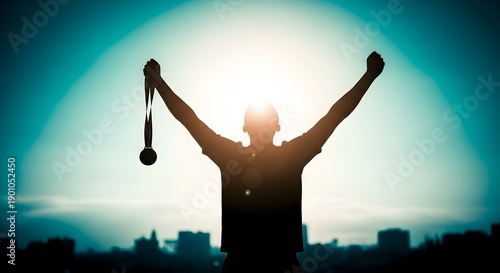 Triumphant figure stands against city skyline with arms raised