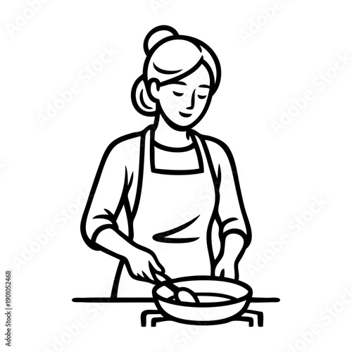 Dibujo sencillo con líneas de una mujer cocinando con una cuchara de madera y una sartén