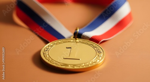 Close up of a gold medal with a red white and blue ribbon