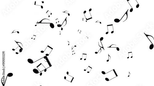  Animation. Musical notation notes moving around on a white screen.