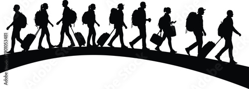 Black silhouette vector illustration of nine people walking with luggage, travel artwork symbolizing journey, migration, movement, tourism, and group travel activity design