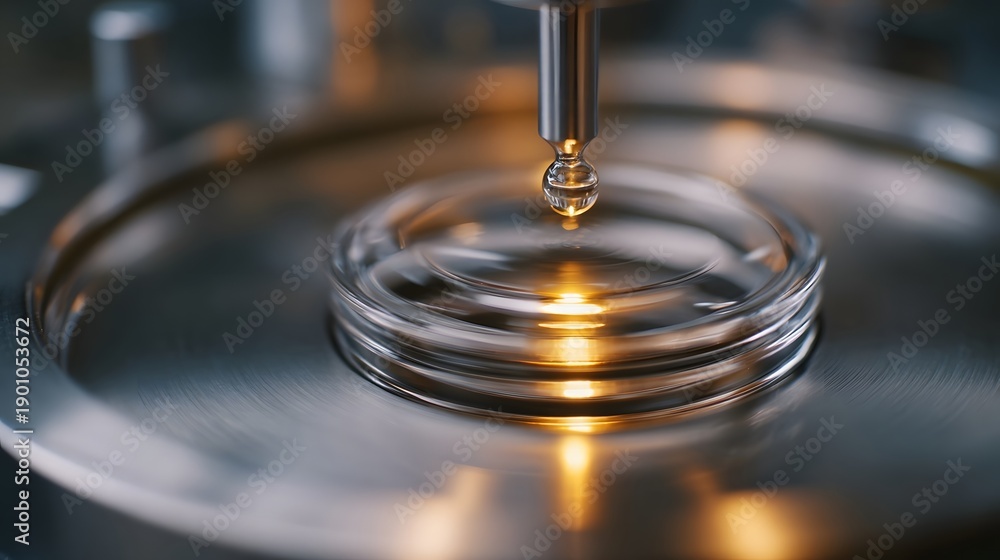 Obraz premium A precise laboratory instrument dispensing a clear liquid droplet onto a sample surface capturing scientific precision