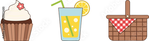 Sweet cupcake, refreshing lemonade, and picnic basket icons for outdoor enjoyment
