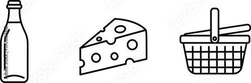 Simple line art icons of a milk bottle, cheese wedge, and picnic basket on a white background
