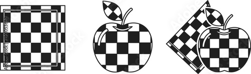 Abstract checkered pattern design elements: a square, an apple, and a folded cloth