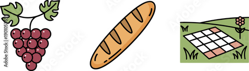 Simple cartoon icons of grapes, baguette, and picnic blanket on white background