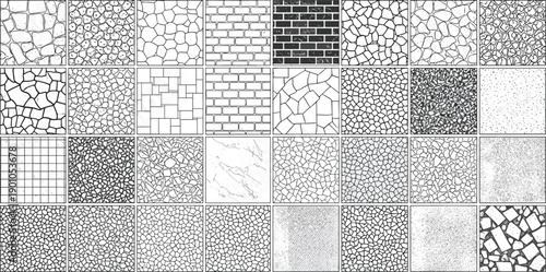 Collection of 30 diverse surface texture tiles including stone, brick, marble, mosaic, and abstract patterns for architecture, 3D modeling, and design projects