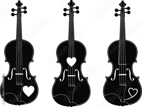 Creative vector illustration of three black violins with unique white heart designs, musical instrument artwork symbolizing love, passion, emotion, and artistic connection to music