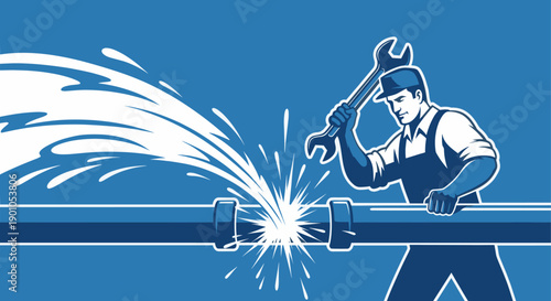 Cartoon style plumber fixing leaking pipe with wrench, vector art.  Good for service industry, plumbing, repair and maintenance, emergency services. Royal blue background.