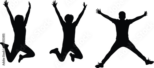 Energetic silhouette figures jumping in dynamic poses expressing joy, freedom, happiness, and motion against white background perfect for lifestyle, fitness, dance, and inspirational stock photography