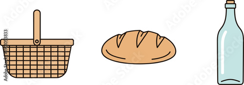 Simple illustration of a picnic basket, loaf of bread, and a glass bottle on a white background