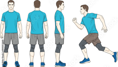 Male athlete in sportswear front, back, side, and running pose, dynamic fitness vector illustration, training anatomy reference, exercise movement design for health concept
