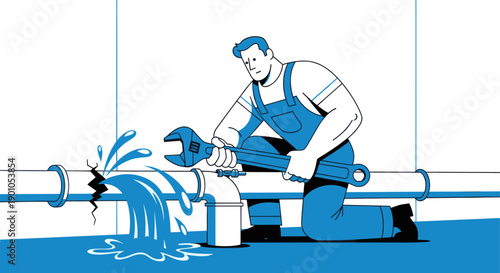A cartoon illustration depicting a plumber fixing a leaking pipe with a wrench. Useful for plumbing services, home repair, emergency fixes, and related marketing.