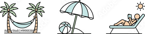 Relaxing beach vacation icons: hammock, umbrella, and person reading on lounge chair