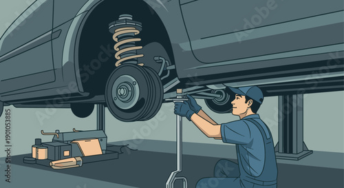 Stylized illustration of a mechanic working on a car's suspension using a lift. The image showcases automotive repair, maintenance, and skilled labor in a modern, graphic design style.