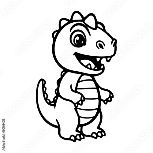 Dibujo con líneas de un bebé dinosaurio o dragón simpático de pie de perfil 