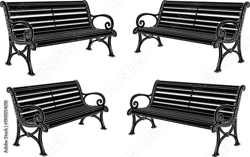 Stylized black park benches with ornate decorative armrests and slatted design arranged in symmetrical grid pattern ideal for architecture, urban design, and furniture stock illustration