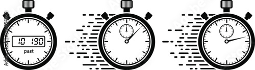 Stylized vector illustration of three stopwatch designs representing past and moving time, creative concept artwork showing progression, motion, and passage of time in modern style