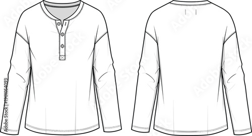 Technical flat sketch illustration of long sleeve Henley shirt front and back view with button placket, curved hem, fashion design template for apparel industry