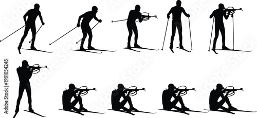 Biathlon athlete silhouette collection featuring cross country skiing and rifle shooting poses isolated on white background vector winter sport illustration set