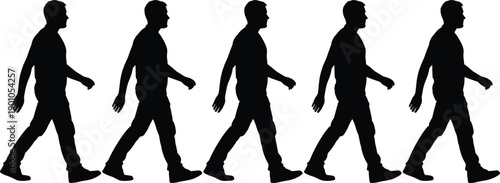 Vector illustration of human walking motion silhouettes showing step progression, black figures in sequence for animation, biomechanics, gait study, and movement design concepts